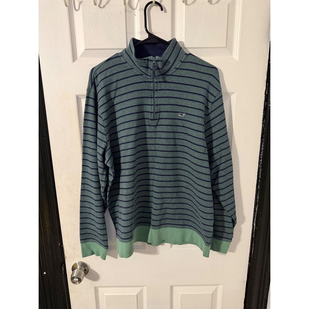 Vineyard Vines Mens Large Green Navy Blue Striped 1/4 Zip Pima Cotton Pullover